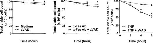 Fig. 1. zVAD attenuates anti-Fas antibody–induced neutrophil cell death but paradoxically augments TNF-α–induced neutrophil cell death. / One million freshly isolated mature human neutrophils (5 × 106 cells per milliliter) were preincubated with or without the cell-permeable, broad-spectrum caspase inhibitor zVAD (100 μM) for 1 hour. Subsequently, at time 0, neutrophils were stimulated with TNF-α (10 ng/mL), anti-Fas antibody (CH-11; 100 ng/mL), or an equivalent volume of buffered saline. The total number of viable neutrophils that remained, as defined by trypan blue dye exclusion, was determined with a hemacytometer at indicated times. Data shown are means ± SEM and are representative of 3 experiments performed in triplicates. *P < .05 compared with no zVAD at the corresponding time point.