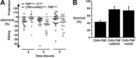 Fig. 6. zVAD and cycloheximide alter the kinetics of cell death response in TNF-α–stimulated neutrophils. / (A) Compilation from a series of time-course studies of cell death in TNF-α–stimulated neutrophils with and without zVAD preincubation, assayed by dual-parameter flow cytometry. Open circles represent the TNF-α–attributable effect on neutrophil survival (ie, ΔSurvival = TNFLive, the percentage of TNF-α–treated neutrophils that do not bind annexin V–FITC and exclude PI, minus CLive; the percentage of live cells cultured in medium alone) at a given time point in a particular experiment. Closed circles represent zVAD-attributable effect on cell survival in TNF-α–stimulated neutrophils relative to TNF-α alone (ie, ΔSurvival = (TNF + zVAD)Live minus TNFLive) at a given time point within the same experiment. Indicated also are median values of the net effects of TNF-α and zVAD on cell survival at each time point. The intra-assay variability for the assay was less than 2.2% (95% confidence interval) in absolute number. Additionally, a paired t test was used for comparing TNFLive versus CLive and (TNF + zVAD)Live versus TNFLive at each time point. Statistical significance (defined as P < .01) was reached in all comparisons except (TNF + zVAD)Live versus TNFLive at 2 hours (means ± SEM of 73.1% ± 2.7% versus 77.6% ± 2.3%, respectively, n = 19,P = 0.11). Thus, whereas the net cell killing effect exerted by TNF-α occurred early and decreased with time, it was not significantly protected by zVAD at 2 hours and, paradoxically, was significantly augmented and sustained by zVAD at 4 ((TNF + zVAD)Live versus TNFLive, 53.3% ± 3.5% versus 71.6% ± 3.2%, respectively) and 6 hours (52.3% ± 3.2% versus 66.8% ± 2.5%). (B) Neutrophils were preincubated with cycloheximide (CHX, 1 μg/mL) in the absence or presence of zVAD or zDEVD (100 μM) for 30 minutes before the addition of TNF-α at time 0. Cell survival was determined at 4 hours by dual-parameter flow cytometry. *P < .05 compared with TNF + CHX; n = 3.
