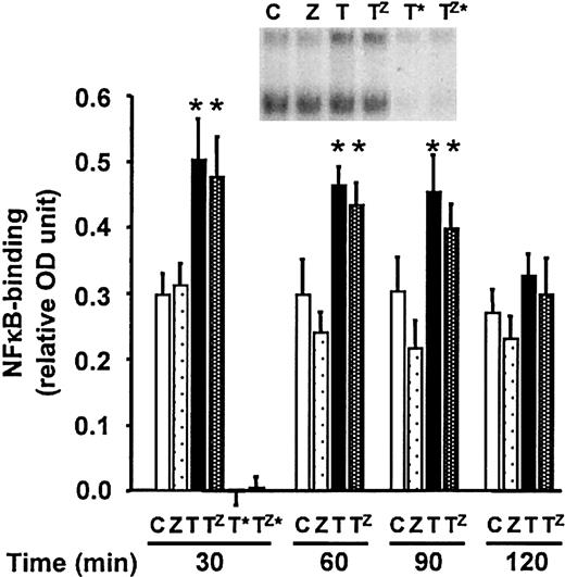 Fig. 7. NF-κB activation is not altered in zVAD-sensitized, TNF-α–stimulated neutrophils. / Neutrophils were preincubated in dimethyl sulfoxide (DMSO) or zVAD for 30 minutes before stimulation, at time 0, with or without TNF-α. At indicated time points, cells were lysed and NF-κB activation was quantitated utilizing a commercial kit (see “Materials and methods”). Results represent means ± SEM, n = 4. *P < .05 compared with DMSO or zVAD alone. The inset shows an EMSA at 1 hour following stimulation (see “Materials and methods”). C indicates DMSO alone; Z, zVAD alone; T, TNF-α alone; Tz, zVAD-preincubated, TNF-α–stimulated; T* and Tz*, assays performed in the presence of excess, unlabeled/competitive consensus oligonucleotide.