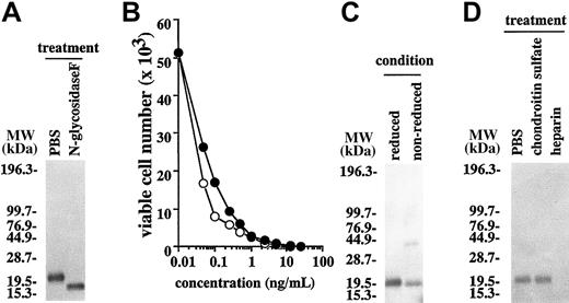 Fig. 8. Characterization of the longer limitin protein. / (A) Recombinant limitin was treated with or without N-glycosidase F overnight. The treated proteins were subjected to Western blot probed with antilimitin under reduced conditions. (B) BC7.12 cells (1 × 104/well) were cultured in the presence of the indicated concentrations of recombinant limitin with (●) or without (○) glycosidase F treatment for 2 days. Viable cell numbers were evaluated with a hemocytometer. Similar results were obtained in 3 independent experiments. (C) Recombinant limitin was subjected to Western blot probed with antilimitin under the indicated conditions. (D) Recombinant limitin was immunoprecipitated with heparin-Sephalose in the presence of excess of chondroitin sulfate or heparin. Each precipitate was subjected to Western blot probed with antilimitin. Similar results were obtained in 3 independent experiments.
