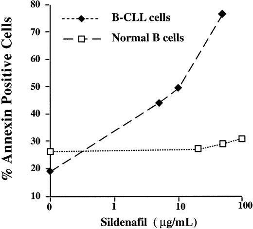 Fig. 3. No killing effect of sildenafil on normal B cells. / B lymphocytes isolated from one patient with CLL or from one control donor were cultured for 24 hours with increasing concentrations of sildenafil (ranging from 0.5 to 100 μg/mL). Results from 1 experiment representative of 2 are shown. Similar results were obtained with vardenafil.
