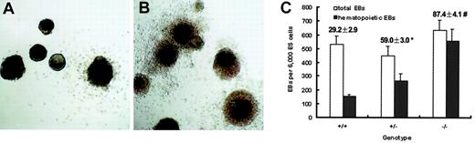 Fig. 2. Increased incidence of hematopoietic EBs from Smad5−/− ES cells. / ES cells were plated into methylcellulose medium containing KL and IL-11 to form EBs. Note the extending hematopoietic halo surrounding the central cell mass of 85% Smad5−/− EBs (A), whereas approximately 29% wild-type EBs ruptured with a few scattered hematopoietic cells (B) after 12 days of differentiation. Incidence of hematopoietic EBs was scored and values shown above each column represent the means ± SEMs from 3 independent experiments (C). Significance was determined using the Student t test: *represents data found to be significantly different from wild-type control values (P < .05); #, data found to be significantly different from heterozygous values (P < .05). Original magnification for panels A and B, × 40.
