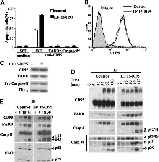 Fig. 4. LF 15-0195 sensitizes Jurkat cells to FADD and caspase-8–dependent apoptosis. / (A) Wild-type, FADD−/−, and caspase-8−/−Jurkat T cells were treated with either vehicle (■) or 0.1 μM LF 15-0195 (▪) for 3 days, then treated with CH11 Ab (25 ng/mL) for 6 hours. Apoptosis was studied by Hoechst 33342 staining of the nuclear chromatin. Data are expressed as means ± SD of 3 independent experiments. (B-C) Jurkat T cells were treated with either vehicle or 0.1 μM LF 15-0195 for 3 days, before studying CD95 expression by flow cytometry (panel B: black line, vehicle; dotted line, LF 15-0195), and CD95, FADD, procaspase-8, and c-FLIPL expression by Western blotting (C). (D) Jurkat T cells were treated with either vehicle or 0.1 μM LF 15-0195 for 3 days before exposure to soluble CD95L (1 μg/mL) for indicated times, then immunoprecipitated with an anti–FLAG M2 Ab (2 μg/mL) followed by Western blot analysis of indicated proteins. (E) The same experiment was performed in RAJI cells. (D-E) The asterisk indicates trimerized CD95, and arrows indicate cleavage fragments.