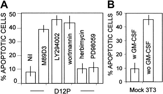 Fig. 8. PECAM-1–induced survival of CD34+ cells is dependent on PI-3K activation. / CD14+CD34+ cells were allowed to adhere to PECAM-1+–transfected fibroblats (D12P; A) or to mock-transfected cells (B), in the absence or presence of the F(ab′)2 of the anti–PECAM-1 antibody (M89D3) or of LY294002 (20 μM), wortmannin (100 nm), herbimycin (100 nM) or PD98059 (10 μM) for 30 minutes, collected after 48 hours of culture, stained with PI as described in the legend to Figure 2, and run on a FACSort. We analyzed 104 cells/sample; results are plotted as percentages of apoptotic (DNA content < 2n-diploid) cells (B-C). Murine Ig was used as control. Mean values ± SDs from 6 different experiments are shown.