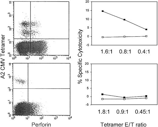 Fig. 5. Perforin is required for specific cytotoxicity. / Representative perforin and CMV A2 tetramer dot plots and cytotoxicity assays against CMV A2-restricted peptide (NLVPMVATL)–loaded cells in samples enriched for tetramer-positive cells. In the top row, 25% of CMV tetramer-positive cells from HIV-seropositive donor 307 PBMCs stain for perforin, whereas in the bottom row only 2.5% of cells reacting with the same tetramer from healthy donor HD2 are perforin positive. On the right, cytotoxicity assays were performed after PBMCs were enriched for tetramer-positive cells (Tables 4-5). The ratio of tetramer-positive cells to target cells is shown on the x-axis of the cytotoxicity graphs. Only the sample with perforin-staining, tetramer-positive cells has significant cytotoxic activity against peptide-loaded cells (▪) compared with control cells (■).
