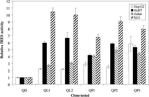 Fig. 2. Translation efficiencies of identified HCV 5′UTR quasispecies in cell lines. / Four cell lines (HepG2, HuH7, Jurkat, and KG1, respectively, represented by ■, ▪, ▧, and ▨) were seeded in 24-well plates at 2 × 105 cells/well for adherent cells and 5 × 105 cells/well for nonadherent cells. The next day, they were infected with vTF7-3 recombinant vaccinia virus at 5 PFU/cell for 1 hour at 37°C and then transfected in triplicate as described in “Materials and methods” with respective bicistronic constructs, containing each of the identified HCV quasispecies. At 18 hours after transfection cells were lysed and assayed for luciferases activities. For each quasispecies (QD, QL1, QL2, QP1, QP2, and QP3) IRES relative activities were given as RLuc/FLuc ratios normalized to the QD (originated from DCs) RLuc/FLuc ratio. The data bars and error bars represent the means and SDs of 3 independent triplicate transfections.