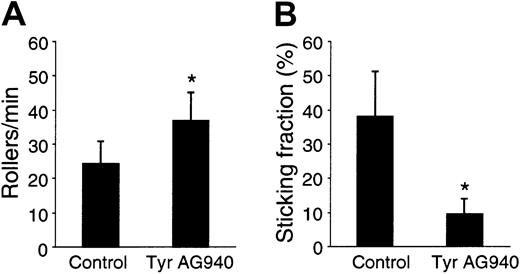 Fig. 3. Tyr AG490 reduces firm adhesion, but not rolling interactions, of lymphocytes under physiological flow. / Control- and Tyr AG490–treated lymphocytes were perfused at 1 dyne/cm2 in a flow chamber coated with PNAd, CCL21, and VCAM-1 and analyzed for rolling and firmly adherent cells as described in “Materials and methods.” (A) Rolling cells per minute. (B) Sticking fraction of control- and Tyr AG490–treated lymphocytes (n = 4; mean ± SD). Asterisks indicateP < .05.