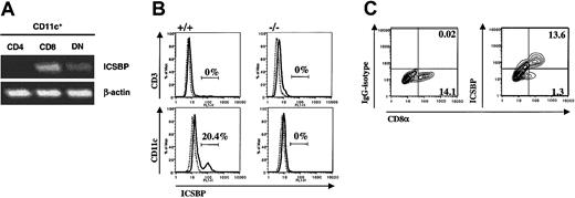 Fig. 1. Selective constitutive expression of ICSBP in CD8α+CD11c+ DCs. / (A) Murine splenic CD11c+CD4+CD8α− (CD4), CD11c+CD4−CD8α+ (CD8), and CD11c+CD4−CD8α− (DN) cells were sorted, mRNA extracted, and RT-PCR performed using ICSBP- and β-actin–specific probes. PCR products were resolved by electrophoresis on agarose gels and products visualized by ethidium bromide staining. (B) Wild-type (+/+) or ICSBP−/− (−/−) splenic CD11c+ or CD3+ cells were purified by positive selection using CD11c- or CD3-conjugated magnetic beads. The resulting cells were then permeabilized, labeled with anti-ICSBP, and analyzed by FACS. (C) Wild-type CD11c+ spleen cells were obtained as in panel B and stained with CD8α+, permeabilized, and incubated with isotype-control or anti-ICSBP. Contour plots represent CD8α versus ICSBP or control-isotype expression; numbers represent the event frequency of the quadrant. Experiments were performed using at least 5 animals per group and are representative of at least 2 independent experiments.