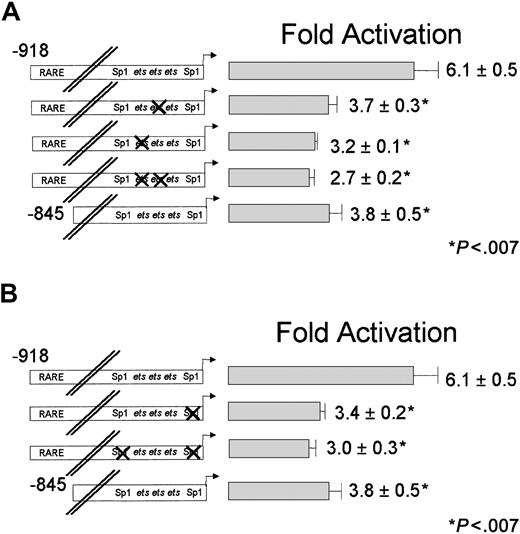 Fig. 5. Effect of disrupting ets and Sp1 transcription factor–binding sites and an intact RARE on RA induction of the full-length promoter. / RA induction of the full-length promoter is dependent on both functional ets and Sp1 transcription factor–binding sites and an intact RARE. CD18(−918)/luc or the corresponding DNA constructs with ets-site mutations (indicated by X; panel A) or Sp1-site mutations (indicated by X; panel B) were stably transfected into U937 cells, and responsiveness to RA was measured, as described in the legend to Figure 3. All data represent the mean and standard error of at least 3 independent clones, each tested in at least triplicate.