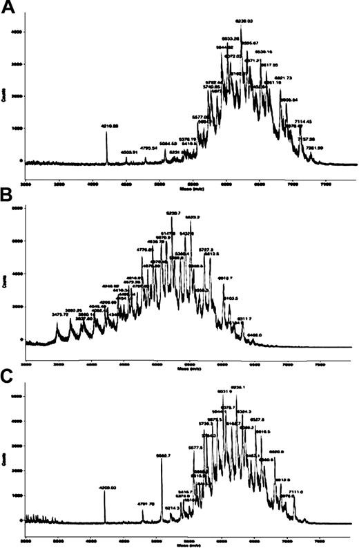 Fig. 2. Mass spectra of the IgA1 hinge in serum from the donor and from the recipient before BMT and after BMT. / The distribution of the post-BMT (B) IgA1 peaks shifted to a lower molecular weight than the pre-BMT (A) and donor IgA1 peaks (C), indicating a reduction in sialylation and galactosylation of IgA1 hinge glycopeptides of post-BMT serum (day 300).