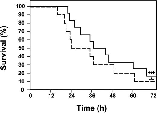 Fig. 9. Survival of Egr-1+/+ and Egr-1−/− mice in a model of endotoxemia. / Kaplan-Meier plots showing survival profiles of Egr-1+/+(n = 12, solid line) and Egr-1−/− (n = 10, dashed line) mice injected intraperitoneally with LPS (12 mg/kg). Survival was monitored for 3 days.