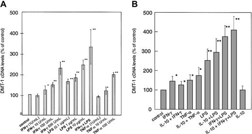 Fig. 4. Regulation of DMT-1 cDNA expression by cytokines and LPS. / (A) THP-1 human monocytic cells were treated with increasing concentrations of IFN-γ (1-500 U/mL), LPS (0.1-10 μg/mL), TNF-α (1-100 U/mL) or IFN-γ (10 U/mL) plus LPS (1 μg/mL), or were left untreated for 20 hours. (B) Effect of IL-10 on cytokine-induced DMT-1 mRNA expression. Cells were treated with cytokines exactly as described in the legend to Figure 1. For all experiments cytoplasmic DMT-1 mRNA levels were determined by quantitative light cycler PCR. Values were corrected for the amount of β-actin mRNA, which was determined in parallel. Results are shown as relative differences of the DMT-1/β-actin cDNA ratio as compared to the unstimulated control ( = 100%). Data are expressed as means ± SD for 3 independent experiments, each performed in triplicate. *P < .05 and **P < .01 compared with the control, respectively.
