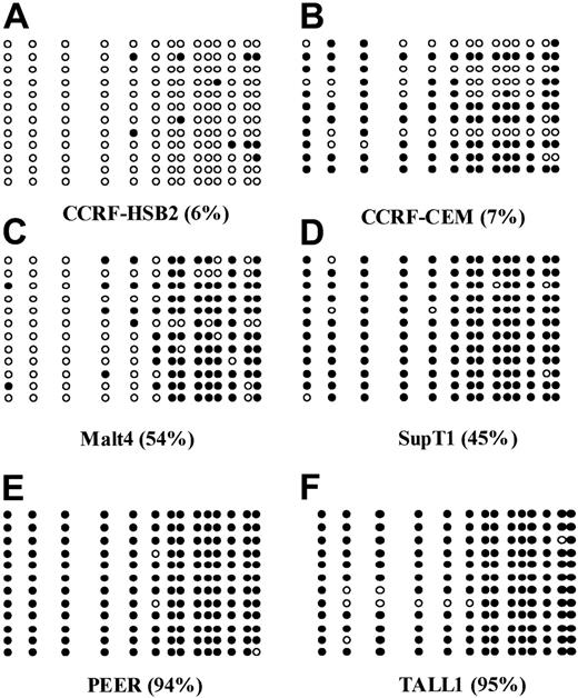 Fig. 2. Bisulfite sequencing of 6 ALL-derived cell lines. / (A) CCRF-HSB2; (B) CCRF-CEM; (C) Malt4; (D) SupT1; (E) PEER; and (F) TALL1. Each circle represents a CpG site. Open circles (○) indicate unmethylated CpG sites; black circles (●), methylated ones. Each row represents an allele. The numbers in parentheses indicate the level of methylation as determined by COBRA.