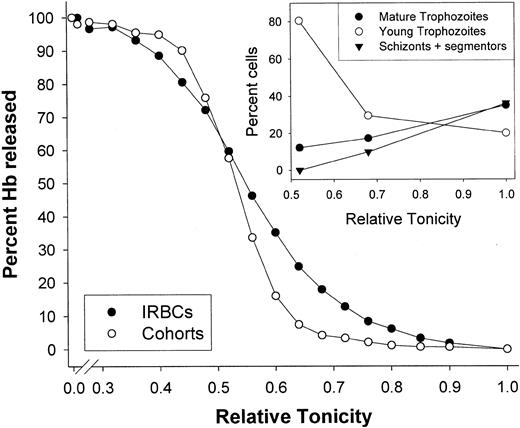 Fig. 3. Osmotic fragility curves of IRBCs and noninfected (cohorts) cells from the same. / P falciparum culture. Hemolysis was induced by delivery of 10 μL cell suspension (5% or 10% hematocrit) to each of 24 wells containing 250 μL lysing media with different tonicities (“Materials and methods”). The lysing media were prepared by mixing 2 solutions: one containing 150 mM NaCl and 2 mM HEPES-Na, pH 7.5, equiosmolal with the culture medium used, regarded as relative tonicity (RT) = 1, and the other containing 2 mM HEPES-Na, pH 7.5, assumed equivalent to RT approximately 0. The experiment was performed on a nonsynchronized culture containing 18% parasitized cells. Separation of IRBCs and cohorts was done by gelatin flotation (“Materials and methods”). Parasitemia in IRBC and cohort fractions was 96% and 3.2%, respectively. Differential counts (500 cells) in IRBCs rendered 5% rings, 20% young trophozoites, 35% mature trophozoites, 36% schizonts plus segmentors, and 4% uninfected cells, whereas in the cohort fraction, 81% of the 3.2% IRBCs were rings. The y-axis reports percentage of Hb released by cell lysis. For cohorts, this is equivalent to percentage of cells lysed. For IRBCs, on the other hand, the Hb contribution from the cells with mature parasites is less than that from cells with younger parasites. Therefore, the right shift of the IRBC hemolysis curve relative to cohorts tends to underrepresent the true number of cells lysed. Inset: differential counts of unlysed IRBCs recovered from selected hemolysis wells (“Materials and methods”). After removal of residual lysis fluid, the cell pellets were resuspended in supplemented RPMI for smearing and staining. In all such recovered samples there was a variable abundance of lysed ghosts with stained parasite fragments. Differential counts (200 cells) were performed only on clearly recognizable intact cells. Differential counts were performed in 3 of the 6 experiments of this series in which crossover patterns were observed, with similar results to those shown in this inset.