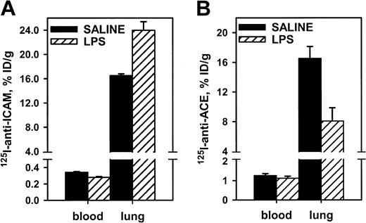 Fig. 5. Endotoxin enhances 125I–anti-ICAM pulmonary targeting. / 125I–anti-ICAM (left panel) or125I–anti-ACE (right panel) was injected in control rats (black bars) or after intraperitoneal injection of LPS (hatched bars). Lung and blood level of 125I was determined 1 hour later. Data are presented as means ± SEM, n = 4.