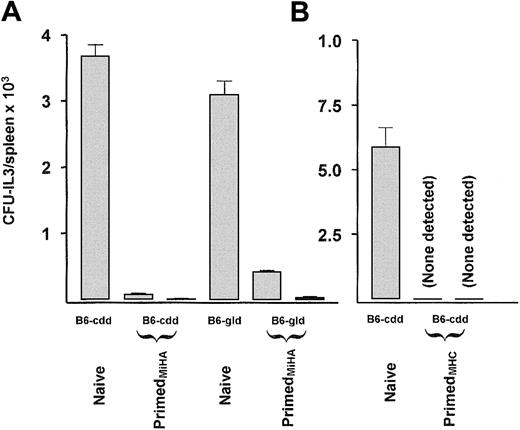 Fig. 10. Strong host resistance mediated in the absence of perforin-, FasL-, TNFR1-, and TRAIL-dependent killing. / Naive and primed B6-cdd and B6-gld (littermates) recipients received 9.0 Gy TBI 1 day prior to transplantation of 2 × 106TCD-C3H.SW bone marrow lacking TNFR1 (A) or 1 × 107TCD-BALB/c bone marrow lacking TNFR1 (B). Purified TRAIL antibody (N2B2, ▪) or an isotype-matched control antibody (░) was injected (200 μg) intraperitoneally on day 0 just prior to BM transplantation and again 24 hours later. Recipients were examined by CFU-IL3 assay. (A) Naive B6-cdd, 3682 ± 294; primed B6-cdd injected with isotype control, 80 ± 25; primed B6-cdd injected with N2B2, 7 ± 12; naive B6-gld, perf+/−, 3101 ± 353; B6-gld, perf+/−, injected with isotype control, 428 ± 16; B6-gld, perf+/−, injected with N2B2, 36 ± 12.