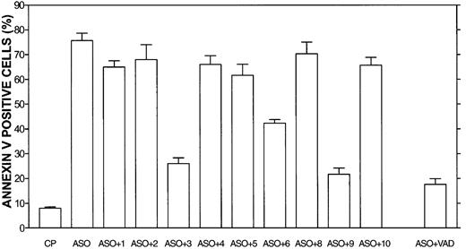 Fig. 6. Caspase-3 and -9 blocking peptides block Bcl-2-ASO–induced apoptosis in HS-Sultan cells. / HS-Sultan cells were cultured for 72 hours with or without 5 μg/mL Bcl-2-ASO, with 2 μM of each caspase inhibitory peptide, or control peptide (CP, or FA-FMK). Nonspecific toxicity of the control peptide (CP) was around 5%. VAD indicates pancaspase inhibitor. The toxicity of the blocking peptides was 2% to 5% above that of untreated, control cells (not shown). Apoptosis was determined by annexin V. Bars are ± SD of at least 3 experiments. ASO indicates Bcl-2-ASO; ASO+1, Bcl-2-ASO plus caspase-1 blocking peptide; ASO+2, Bcl-2-ASO plus caspase-2 blocking peptide, etc. For additional experimental details, see “Materials and methods.”