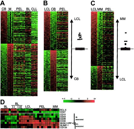 Fig. 2. Relatedness of the gene expression profile of PEL to normal B cells and cell lines with an immunoblastic or plasma cell phenotype. / (A-C) Gene expression data sets generated from PEL, BL (from AIDS patients), and B-CLL cases are compared with the genes differentially expressed between (A) GC CB and memory (M) B cells, (B) LCLs and CBs, and (C) LCLs and MM cell lines, as identified by supervised clustering using Genes@Work.1314 Supervised analysis allows the identification of differentially expressed genes between cell types defined a priori according to a given criterion. The tumor samples are aligned to the right to visualize the expression of the respective genes in the tumor cells. Columns represent individual samples; rows correspond to genes. Color changes within a row indicate expression relative to the average of the sample population. Values are quantified by the scale bar that visualizes the difference in the ζ score (expression difference/standard deviation) relative to the mean. Genes are ranked based on the z score (mean expression difference of the respective gene between phenotype and control group/standard deviation). The relatedness of the PEL samples to the LCLs or CBs (B) and the LCLs or MM (C) is indicated by their proximity to either subgroup on the vertical axis. The gray area marks the 95% confidence region; the bottom and top margins of the gray area each correspond to a P value of .025 (P values decrease with increasing distance from the x-axis). Closed circles represent PEL cases. (D) Matrix showing the expression of genes associated with an immunoblastic phenotype (immunoblast-associated; down-regulation of CD10 and up-regulation of CD23, CD30, CD39, and MUM-1/IRF-4, as defined by Rowe et al1920) or with a plasma cell phenotype (PC-associated; MUM-1/IRF-4, BLIMP-1, CD138/syndecan-1) and the GC-specific BCL-6 and the memory B-cell marker CD27. BL indicates BL cell lines; BL t-I, BL type I lines; BL t-III, BL type III lines; LCL, EBV-transformed lymphoblasts; PEL, primary effusion lymphoma; MM, multiple myeloma cell lines. For description of matrix, see panels A-C.