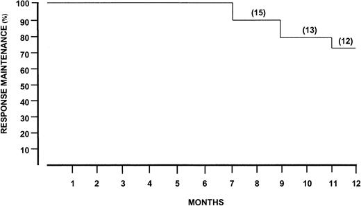Fig. 3. Response maintenance after discontinuation of rituximab treatment. / Number of patients indicated in parentheses.
