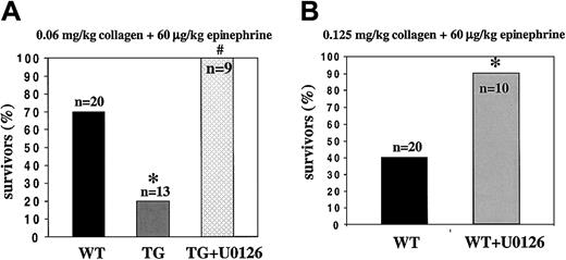 Fig. 8. Pulmonary thromboembolism. / (A) Increased lethal thrombosis in transgenic mice after the intravenous injection of collagen and epinephrine and protection against thrombosis by the inhibition of ERK2. Survival in WT and TG mice is shown as a percentage of animals treated (*P = .017 vs WT; #P = .017 vs TG). (B) Antithrombotic protection after the inhibition of ERK2 in WT mice by the preinjection of U0126 (200 μg/kg) versus control (*P = .0187).