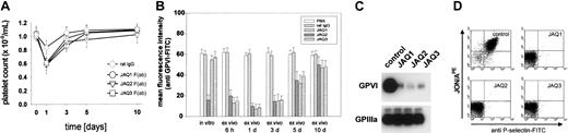 Fig. 5. In vivo depletion of GPVI by monovalent F(ab) fragments of JAQ1, JAQ2, and JAQ3. / (A) Platelet counts were monitored for 10 days after injection of the indicated F(ab) fragments or control IgG (all 100 μg). Results are expressed as mean ± SD of 6 mice/group. (B) Flow cytometric analysis of GPVI expression on platelets from mice treated with JAQ1, JAQ2, JAQ3 F(ab) fragments or control IgG. Diluted blood collected at the indicated time points was incubated with FITC-labeled JAQ1 (5 μg/mL) for 15 minutes at RT and analyzed directly. Results are presented as mean ± SD of 6 mice/group. (C) Western blot analysis of GPVI expression on day 3 after injection of anti-GPVI F(ab) fragments. Whole platelet proteins were separated by SDS-PAGE under nonreducing conditions and immunoblotted with HRP-labeled JAQ1 (anti-GPVI) or EDL1 (anti-GPIIIa) followed by ECL. (D) Platelets from F(ab) fragment-treated or control mice were stimulated with CRP (5 μg/mL) and analyzed for P-selectin expression and GPIIb/IIIa activation by flow cytometry. The results shown are representative of 6 mice/group.