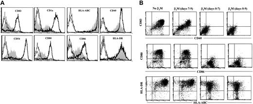 Fig. 5. Phenotypic features of mature MoDCs harvested on day 9. / (A) Cells were cultured for the first 7 days in medium with (shaded) or without (open histograms, thick lines) the addition of 20 μg/mL recombinant β2M, followed by an additional 48-hour culture in the presence of IL-1β and TNF-α. Open histograms with thin or broken lines represent control antibody staining of the cells. (B) Dot plots of flow cytometry analysis showing the effects of β2M during maturation (days 7-9) of previously (days 0-7) β2M-treated or untreated DCs. Representative histograms or dot plots of 5 independent experiments are shown. Gates were set on the large-size cell populations.
