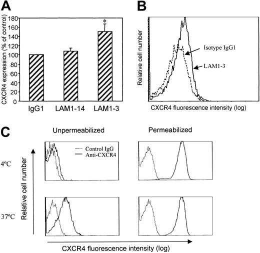 Figure 1. Surface expression of CXCR4. (A) L-selectin cross-linking increased lymphocyte surface expression of CXCR4. PBMCs were preincubated with isotype control antibody (IgG1), LAM1-14, or LAM1-3 at 10 μg/mL on ice for 30 minutes, washed, then followed by cross-linking with goat antimouse antibody (20 μg/mL) at 37°C for 1 hour. CXCR4 expression was measured by staining cells with PE-conjugated anti-CXCR4 (12G5) after blocking nonspecific binding sites with mouse IgG (50 μg/mL). Means ± SEM of relative expression (% of control) from 3 separate experiments are shown. *P < .05 compared to IgG1. (B) Representative histograms demonstrating CXCR4 expression after cross-linking using isotype control IgG1 (dotted line) or LAM1-3 (solid line). (C) Lymphocyte surface CXCR4 was increased after in vitro incubation. Freshly isolated human PBMCs were incubated in vitro for 1 hour at 4°C or 37°C. Intact or saponin-permeabilized cells were assessed for CXCR4 expression by immunofluorescence staining and flow cytometric analysis. Lymphocytes were differentiated from monocytes by light scatter characteristics.