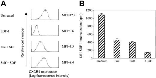 Figure 4. Fucoidan and sulfatide inhibited SDF-1–induced CXCR4 internalization. (A) Jurkat cells were prelabeled with anti-CXCR4 antibody. Cells were then washed and incubated with SDF-1 (500 ng/mL) plus fucoidan or sulfatide (100 μg/mL) for 1 hour at 37°C. CXCR4 that was originally expressed and still remaining on cell surface was detected by PE-conjugated sheep antimouse antibody and flow cytometry. Representative histograms from 1 of 3 similar experiments are shown. (B) Jurkat cells were prelabeled with 125I-SDF-1. CXCR4 internalization was induced by incubation at 37°C with or without L-selectin stimulation and quantitated by a gamma counter.