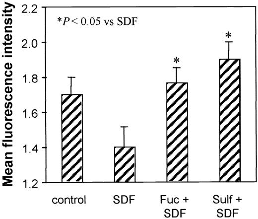 Figure 6. Effect of persistent CXCR4 expression on lymphocyte actin polymerization. PBMCs were either untreated or pretreated with SDF-1 (200 ng/mL), SDF-1 plus fucoidan (100 μg/mL), or SDF-1 plus sulfatide (100 μg/mL) for 1 hour at 37°C. Then all cells were washed and restimulated with SDF-1 (200 ng/mL) for 1 minute. Actin polymerization was measured by NBD-phallacidin staining and flow cytometry. Means ± SEM of the fluorescence intensity from 3 experiments are presented. *P < .05 compared with SDF-1 pretreated group.