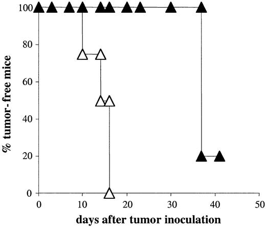Figure 4. Memory CD4 T cells can delay tumor growth in C5+ hosts. Percentage of tumor-free mice following inoculation of naive A18 TCR transgenic mice (▵) and C5+ mice with memory CD4 T cells (▴) with 5 × 105 C5-transfected LK35 tumor cells. Symbols represent individual data for groups of 5 mice. Memory T cells were derived from mice that had been injected with naive A18 TCR transgenic T cells and syngeneic DCs.