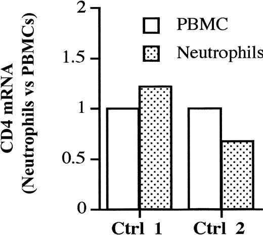 Figure 5. Comparison of CD4 mRNA content in neutrophils and PBMCs. Levels of CD4 mRNA in purified PBMCs and neutrophils from uninfected control 1 (displaying CD4+ neutrophils) and control 2 (displaying CD4–neutrophils) were determined by real-time PCR assay. The amount of CD4 mRNA in autologous PBMCs is used as an internal calibrator in each donor. Purified PBMCs and neutrophils from control 1 prepared in an independent experiment yielded similar results in terms of CD4 mRNA content (not shown).
