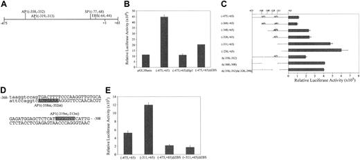 Figure 1. Functional analysis of the FR-β gene promoter. As described in “Materials and methods,” 293 cells were cotransfected with the wild-type or mutant FR-β promoter-luciferase construct and a β-galactosidase expression plasmid. Cells were harvested and tested for luciferase and β-galactosidase activity 48 hours after transfection. The luciferase activity was normalized to β-galactosidase activity. (A) Schematic of the FR-β gene promoter. The numbers indicate nucleotide positions in relation to the transcription start site (+ 1 nt). (B) Function of the Sp1 and ets elements in the FR-β gene. The FR-β gene promoter constructs were inserted in the pGL3 basic vector. The numbers in parentheses indicate the 5′ and 3′ ends of the promoter fragments in relation to the transcription start site (+ 1 nt). ΔSp1 indicates an internal deletion of the Sp1 site (– 78 nt to – 65 nt). ΔEBS indicates an internal deletion of the ets binding site (– 64 nt to – 43 nt). (C) Functional mapping of repressor elements in the FR-β promoter. The DNA sequences of the promoter constructs are numbered as described for panel B and also shown schematically. (D) Potential binding sites for transcription factors in the FR-β promoter sequence – 368 nt to – 308 nt. (E) Functional interaction between the repressor elements and the EBS in the FR-β promoter. The DNA sequences of the promoter constructs are numbered as described for panel B. Each experiment was repeated at least 4 times, and concordant results were obtained. Each bar is expressed as means of triplicate experiments. Error bar stands for SD.