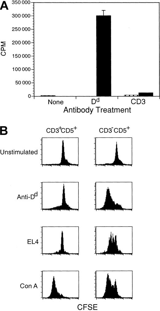 Figure 8. Dd ligation alone stimulates proliferation of CD3-CD5+ cells from Dd-ζ transgenic mice. (A) Freshly isolated splenocytes from homozygous Dd-ζ (130 strain, ▪) or MHC-Dd (▥) mice were incubated with saturating amounts of anti-CD3 or anti-Dd (34-2-12), washed, and cross-linked with plate-bound anti-IgG. After 48 hours the plates were pulsed with 3H-thymidine and harvested 16 hours later. Proliferation was measured by 3H-thymidine uptake and expressed as counts per minute (CPM). (B) Fresh splenocytes (4 million cells) from Dd-ζ mice were CFSE labeled and incubated for 3 days with 10 μg/mL anti-Dd (34-5-8S), irradiated EL4 (0.5 million, 2000 rad), or 2.5 μg/mL concanavalin A (Con A). The cells were stained with Ab to CD3 and CD5, gated as indicated, and evaluated for CFSE loss. EL4-stimulated proliferation of Dd-ζ cells was almost completely blocked by anti–Ly-49A (unpublished observations, March 26, 2001).