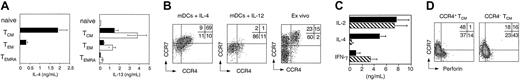 Figure 4. CCR4 expression discriminates Tc2 cells and CTL precursors among central memory CD8+ T cells. (A) IL-4 and IL-13 production by CD8+ T-cell subsets following stimulation with PdBu and ionomycin for 24 hours (▪) or IL-7 and IL-15 for 7 days (□). Mean of 5 independent experiments. (B) CCR7 and CCR4 expression by proliferating CFSE-labeled naive T cells stimulated by allogeneic mDCs in the presence of 10 ng/mL IL-4 or IL-12 and by freshly isolated CD45RA–CD8+ T cells. (C) Cytokine production by freshly isolated CCR4+ (▪) and CCR4– (▧) central memory CD8+T cells following stimulation with PdBu and ionomycin. Mean of 3 independent experiments. (D) Cytokine-stimulated CCR4+ and CCR4–CD8 TCM cells were analyzed on day 7 for the acquisition of perforin and CCR7 expression. One representative experiment of 3 is shown.
