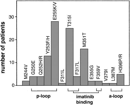 Figure 1. Kinase domain mutations reported in imatinib-resistant patients. The most frequent mutations fall into 3 categories that emphasize their structural role in imatinib binding: nucleotide binding p-loop mutations, direct contact points of imatinib, and activation loop mutations. For space considerations, single-letter amino acid codes are used here in place of 3-letter codes.