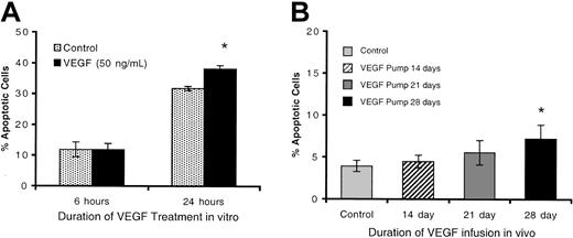Figure 5. Spontaneous apoptosis in VEGF-treated thymocytes. (A) Spontaneous apoptosis of thymocytes cultured ± VEGF (100 ng/mL) in vitro for 3, 6, or 24 hours. Results are presented as the mean percentage of early-apoptotic thymocytes (Annexin V+, PI–) (n = 9). (B) Annexin V staining of thymocytes from mice treated in vivo ± VEGF for 14, 21, and 28 days. Mice treated with VEGF as described in Figure 1 were killed and thymocytes analyzed for early-apoptotic cells via Annexin V staining (PI–) (mean ± SE; N > 3). Control shown in panel B is an average of controls from 0-, 14-, 21-, and 28-day samples. *Denotes statistical significance.