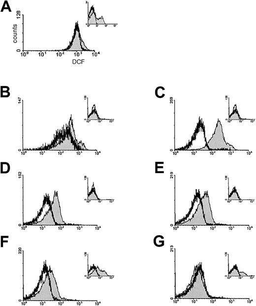 Figure 5. ROS levels in RBCs. ROS levels of the various density fractions of RBCs from Prx II–/– (shaded histograms) and wild-type (open histograms) mice were determined by DCFH-DA staining followed by fluorescence-activated cell sorter (FACS) analysis. (A) Fluorescence intensity of total RBCs from Prx II–/– and wild-type mice. The panels B-G correspond to fractions H2 to H7 from the Prx II–/– mice and equivalent fractions W2 to W7 from the wild-type mice in Figure 4. The ROS levels in fractions H3 to H6 from the Prx II–/– mice were significantly increased compared with wild type. The x- and y-axes represent the number of cells and fluorescence intensity, respectively. Inset panels indicate negative controls of panels A-G, which DCFH-DA was not preincubated to each samples.