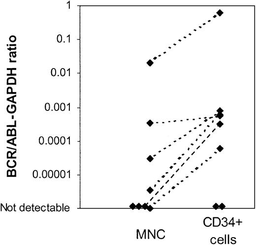 Figure 3. Real time quantitative PCR (Q-PCR) analysis of mononuclear cells (MNCs) and CD34+ cells from patients in CCR with imatinib mesylate treatment. BCR/ABL mRNA levels in MNCs and CD34+ cells were measured using a Q-PCR assay. Results were expressed as a ratio of BCR/ABL to the internal control gene GAPDH. Q-PCR results of BCR/ABL expression in CD34+ cells and MNCs for 8 patients are shown. Two patients did not have detectable BCR/ABL message in either total nucleated cells or CD34+ cells using this assay.
