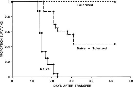 Figure 3. In vivo inhibition of GVHD mortality by the co-infusion of tolerized cells. Tolerized cells reduce GVHD mortality induced by naive cells. One hundred thousand naive B6 CD4+ T cells were injected with or without 105 tolerized B6 CD4+ T cells into sublethally irradiated bm12 recipients. Three separate experiments were pooled; n = 24 for recipients of naive cells and n = 23 for recipients of naive and tolerized cells (P < .001). Also shown is long-term survival of all recipients of tolerized cells alone (n = 23). On the x-axis are days after transfer of T cells. The y-axis shows the proportion of recipients surviving after transfer.