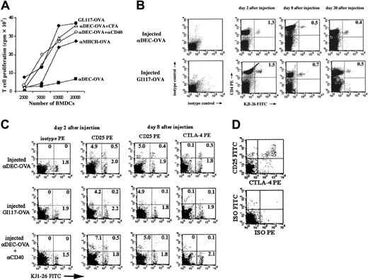 Figure 2. OVA-specific T cells do not proliferate on restimulation after presentation of OVA by DCs in the steady state and show up-regulation of CD25 and CTLA-4. (A) Mice were reconstituted with OVA-specificT cells and were injected with different antibody-OVA conjugates as indicated. Eight days later, KJ1-26+ OVA-specific T cells were purified by MACS and cocultured with OVA-pulsed BMDCs. T-cell proliferation was assayed by 3H-thymidine incorporation. (B) To assess survival of the injected DO11.10 T cells, mice were killed after reconstitution and injection of αDEC-OVA conjugates at the time points indicated. Total T-cell suspensions were prepared using magneto-beads and were stained with FITC-labeled clonotypic antibody KJ1-26 and PE-labeled αCD4. Thereafter, FACS was used to analyze cells. Numbers in the diagrams display the percentage of KJ1-26+ cells. (C) For phenotypic analysis, 2 or 8 days after injection of the respective antibody-OVA conjugates, CD4+ T cells were purified by MACS and double labeled with FITC-conjugated anticlonotypic TCR antibodies (KJ1-26) and PE-labeled anti-CD25 or anti–CTLA-4 antibodies, respectively. Thereafter, total cell suspensions were analyzed using FACS without further gating, and numbers shown are the percentages of cells within the designated quadrant. (D) Mice were treated as in panel C, and T cells were stained with FITC-labeled anti-CD25 and PE-labeled anti–CTLA-4 antibodies and respective isotype controls. Thereafter, cells were analyzed using FACS.