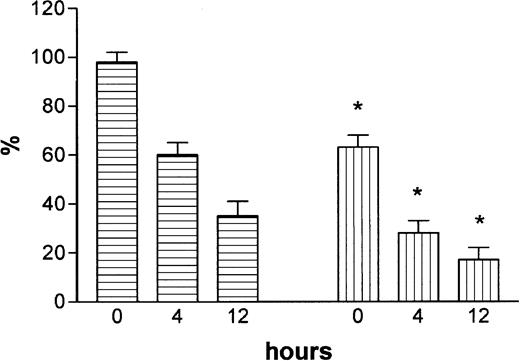 Figure 1. Plasma levels of protein C activity. Activity took place before and at 4 and 12 hours after the injection of endotoxin in mice with a heterozygous deficiency of protein C (▤) and in wild-type littermates (▧). Mean values and SD are shown. Statistical significance between protein-C–deficient mice and wild-type mice at each time point is indicated (*P = .01).