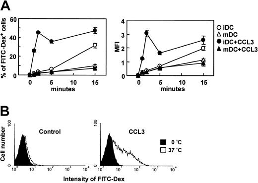Figure 3. The effect of CCL3 on the endocytosis of FITC-dextran by immature or mature DCs. BC1 cells were incubated with FITC-dextran (Dex) at 1 mg/mL in the presence or absence of CCL3 for the indicated times. Unstimulated BC1 cells were used as immature DCs (iDC). BC1 cells treated with LPS for 24 hours were used as mature DCs (mDC). (A) Time course of endocytosis by immature DCs (iDC) or mature DCs (mDC); each symbol represents the mean ± SE of 3 independent experiments. (B) Amount of FITC-Dex internalized by immature DCs at 2 minutes; data are representative of 3 independent experiments.