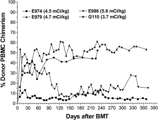 Figure 5. Donor PBMC chimerism in the dogs after nonmyeloablative marrow transplantation. Results of microsatellite marker studies of hematopoietic donor chimerism in the 4 dogs receiving transplants after conditioning with the radioimmunoconjugate 213Bi–anti-TCRαβ.