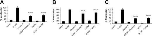 Figure 6. G-CSF–induced mobilization of HSCs/HPCs in C57BL/6 mice. Data are plotted as a percentage of mobilization, where G-CSF is equal to 100% for each progenitor subtype. Treatment with either Diprotin A alone or Val-Pyr per mouse was observed to have little or no effect on the mobilization of progenitors. Diprotin A or Val-Pyr treatment during G-CSF mobilization resulted in a significant reduction in (A) CFU-GMs (P < .01), (B) BFU-Es (P = .06), and (C) CFU-GEMMs (P = .01) compared with G-CSF alone. Error bars represent SEMs.
