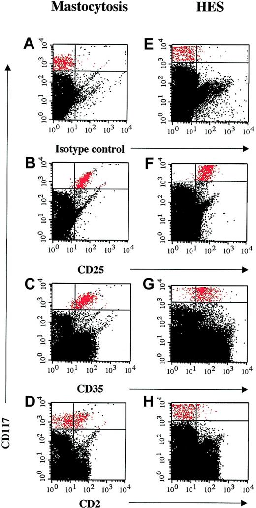 Figure 3. Flow cytometric detection of CD25, but not CD2, expression on bone marrow mast cells from patients with HES and elevated serum tryptase levels. Multicolor flow cytometry results are shown for CD117+ high, side-scatter high bone marrow cells from a representative patient with systemic mastocytosis and eosinophilia (A-D) and a patient with HES and elevated tryptase (E-H). Cells were stained with FITC-conjugated mouse IgG1 control antibody (A,E), antihuman CD2 antibody (B,F), antihuman CD25 antibody (C,G), and antihuman CD35 antibody (D,H). CD117+ high, side-scatter high bone marrow mast cells are shown in red.