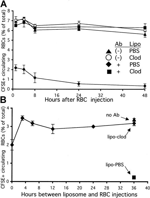 Fig. 3. Rapid halt of the clearance of opsonized red blood cells (RBCs) by liposomal clodronate. / (A) Pretreatment with liposomal clodronate prevents the clearance of opsonized, circulating RBCs. Mice were injected with either PBS- or clodronate-containing liposomes. At 36 hours later, they were injected with identical numbers (109) of CFSE-labeled RBCs with or without in vitro incubation with anti-RBC antibody (Ter-119). Clearance of labeled RBCs from peripheral circulation was assessed by flow cytometry of blood specimens obtained at the indicated times. Data are expressed as percentages of circulating RBCs that are CFSE+ (± standard errors). Data presented are from 1 experiment representative of 2. (B) Liposomal clodronate acts extremely rapidly to halt clearance of opsonized RBCs. Mice were injected with liposomal clodronate either simultaneously or prior to (at the time indicated) injection with CFSE-labeled/antibody-opsonized RBCs (5 × 108). Control mice were injected either with an identical number of nonopsonized RBCs (and no liposomes) or with PBS liposomes (and opsonized RBCs). Clearance of labeled RBCs from peripheral circulation was assessed by flow cytometry of whole blood, obtained 4 hours after RBC injection. Data presented are from 1 experiment representative of 3; data are presented ± standard error.