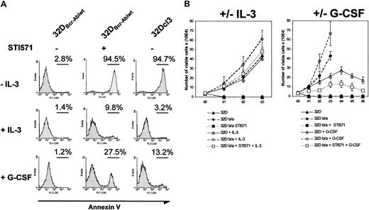 Fig. 3. Effect of imatinib mesylate on responsiveness of 32DBcr-Ablwt cells to IL-3 and G-CSF stimulation. / Imatinib mesylate restores responsiveness of 32DBcr-Ablwtcells to IL-3 and G-CSF stimulation. (A) The 32Dcl3 and 32DBcr-Ablwt cells were grown in the presence or absence of IL-3, G-CSF, and imatinib mesylate as indicated. The amount of apoptosis in the individual cultures after 48 hours was determined by means of FACS analysis. Both IL-3 and G-CSF led to a rescue of apoptosis induced by 1 μM imatinib mesylate in 32DBcr-Ablwt cells in the absence of cytokines, suggesting that 32DBcr-Ablwt cells express functional IL-3 and G-CSF receptors. (B) Proliferation of 32Dcl3 and 32DBcr-Ablwtcells grown in the presence or absence of IL-3, G-CSF, and imatinib mesylate as indicated. Cell counts were determined by trypan blue exclusion. Imatinib mesylate restored the responsiveness of 32DBcr-Ablwt cells to both IL-3 and G-CSF. Cell counts of 32DBcr-Ablwt cells grown in the presence of 1 μM imatinib mesylate and G-CSF were slightly retarded when compared with the proliferation of 32Dcl3 cells grown in the presence of G-CSF.