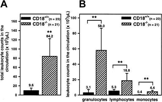 Fig. 1. Neutrophilia inCD18−/− mice. / Total (A) and differential leukocyte counts (B) in whole blood samples obtained from CD18+/+(n = 23) or CD18−/− mice (n = 21). Data represent means ± SDs; **P < .001.