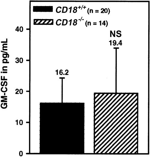 Fig. 6. Plasma concentrations of GM-CSF. / Plasma concentration of GM-CSF as measured by ELISA technique inCD18+/+ (n = 20) orCD18−/− mice (n = 14). Data represent means ± SDs; NS indicates not significant.
