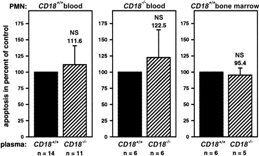 Fig. 7. Soluble factors in the plasma had no effect on PMN apoptosis. / Flow cytometric analysis of DNA content measured in PI-stained PMNs isolated from the circulation ofCD18+/+ mice (left),CD18−/− mice (middle), or the bone marrow of CD18+/+mice (right) in the presence of RPMI medium (without FCS) supplemented with 50% plasma from CD18+/+mice or CD18−/−mice. Data represent apoptotic cells in percent of apoptosis in the presence of wild-type plasma (100%) 8 hours after the onset of culture. Data represent means ± SDs; NS indicates not significant.